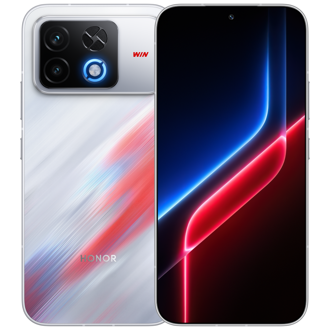 Honor Win 2 gaming phone in Red Blue Buff color, showing the rear camera module with cooling fan vent and WIN branding alongside the front display